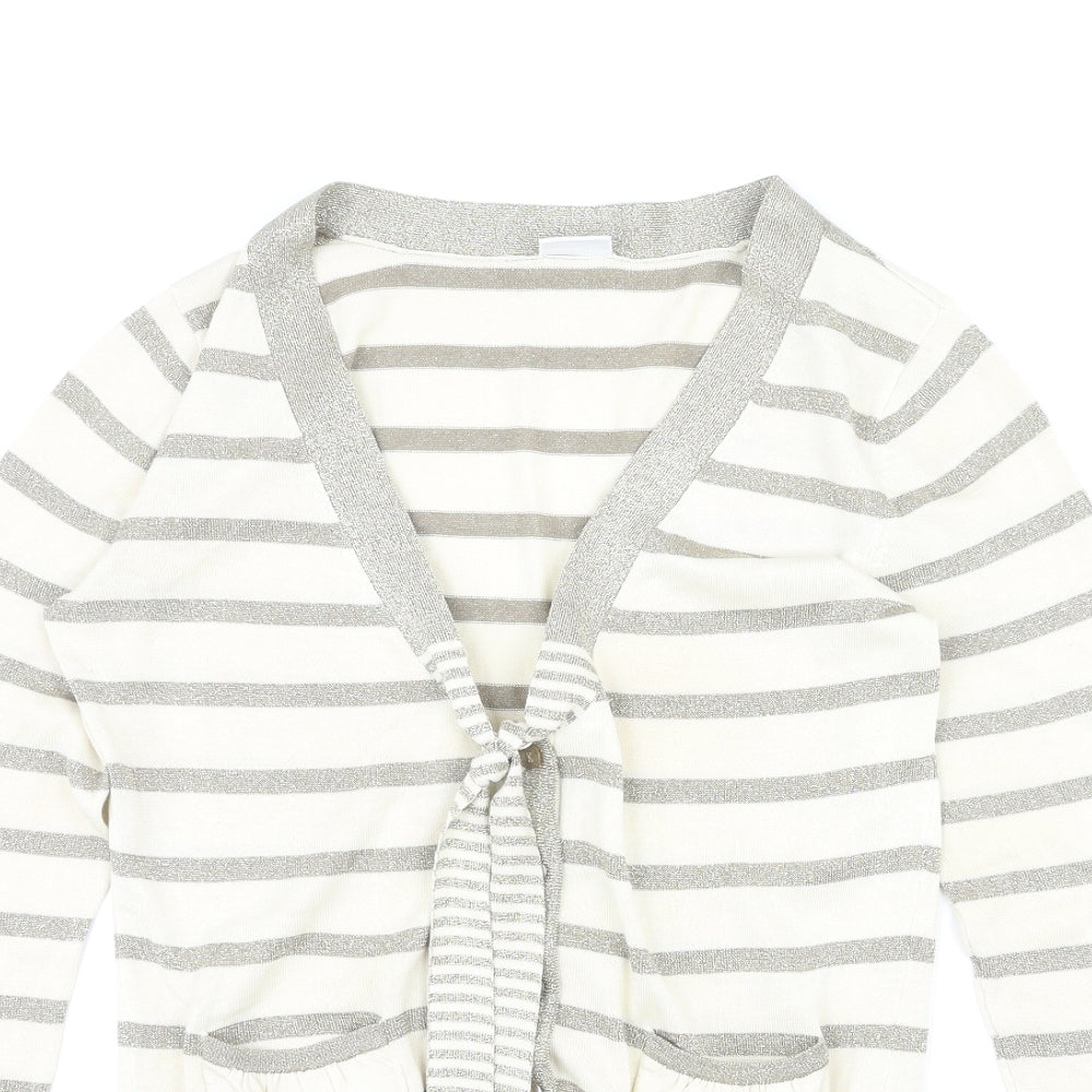 DELMOD Womens Ivory V-Neck Striped Polyester Cardigan Jumper Size 12