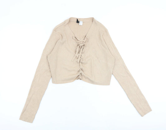 H&M Womens Beige Viscose Cropped Blouse Size M V-Neck - Lace Up Detail