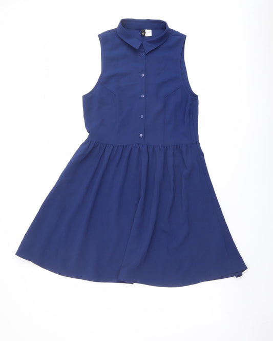 H&M Womens Blue Polyester Shirt Dress Size 10 Collared Button