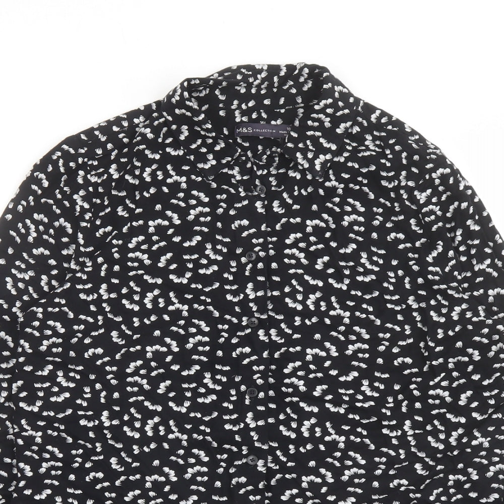Marks and Spencer Womens Black Geometric Viscose Basic Button-Up Size 10 Collared