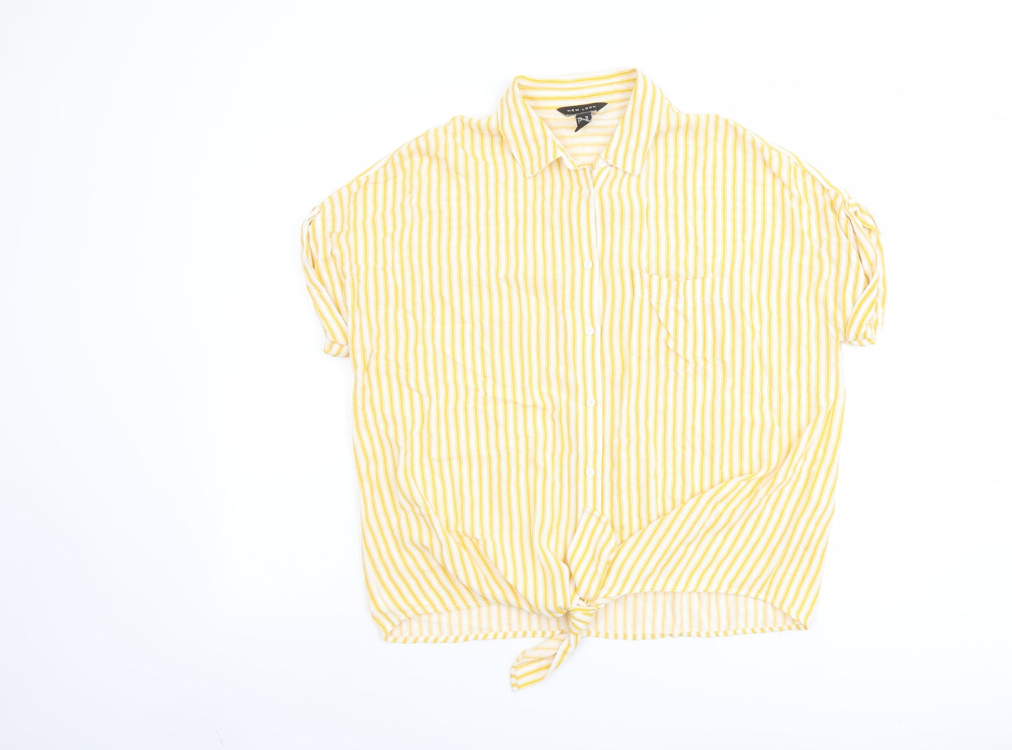 New Look Womens Yellow Striped Viscose Basic Button-Up Size 10 Collared - Tie Front Detail