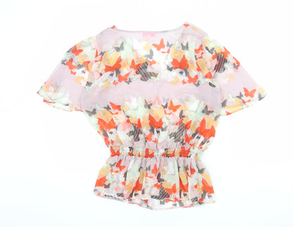 Back view of Butterfly women’s multicoloured geometric polyester basic blouse, size UK 10, v-neck - peplum butterfly print