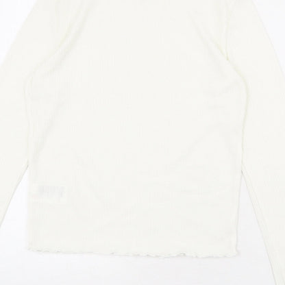 Brand and care label for Divided by H&M women’s ivory polyester basic blouse, size M, mock neck