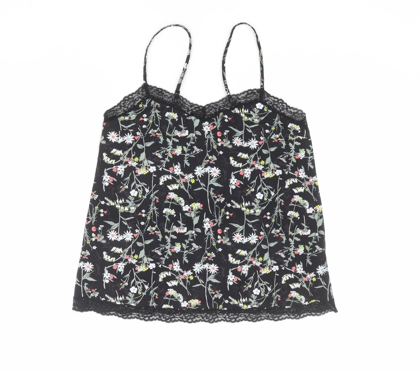 Marks and Spencer Womens Black Floral Polyester Camisole Tank Size 8 V-Neck - Lace Details
