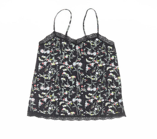 Marks and Spencer Womens Black Floral Polyester Camisole Tank Size 8 V-Neck - Lace Details
