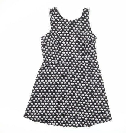 Preloved Influence Womens Black Geometric Polyester Tank Dress Size L Round Neck Zip - Elephant pattern - Front