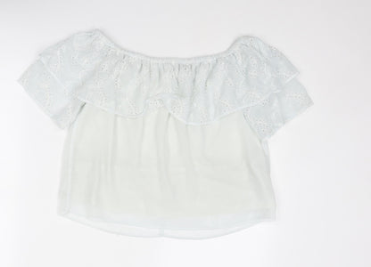 Additional front view of Only women’s white polyester basic blouse, size UK 6, off the shoulder - broderie anglaise details