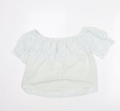 Back view of Only women’s white polyester basic blouse, size UK 6, off the shoulder - broderie anglaise details