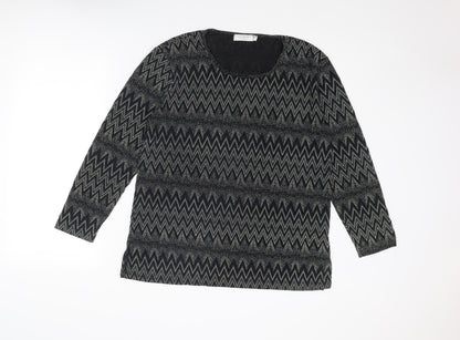Signature Womens Black Geometric Nylon Basic Blouse Size L Crew Neck