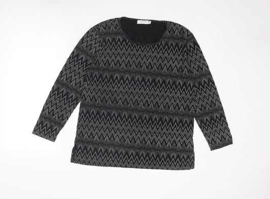 Signature Womens Black Geometric Nylon Basic Blouse Size L Crew Neck
