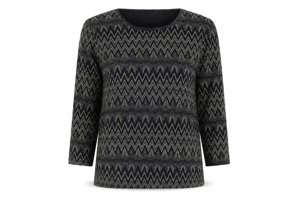 Signature Womens Black Geometric Nylon Basic Blouse Size L Crew Neck