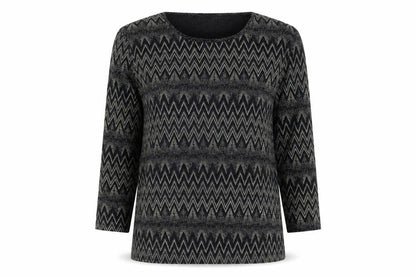 Signature Womens Black Geometric Nylon Basic Blouse Size L Crew Neck