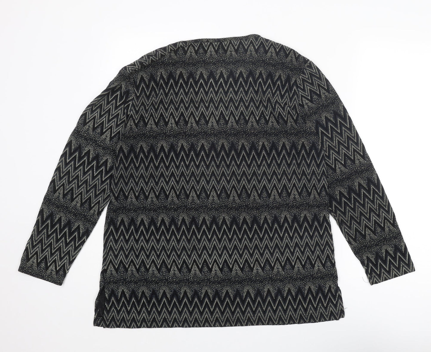 Signature Womens Black Geometric Nylon Basic Blouse Size L Crew Neck