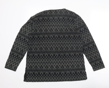 Signature Womens Black Geometric Nylon Basic Blouse Size L Crew Neck