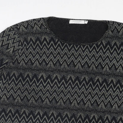 Signature Womens Black Geometric Nylon Basic Blouse Size L Crew Neck