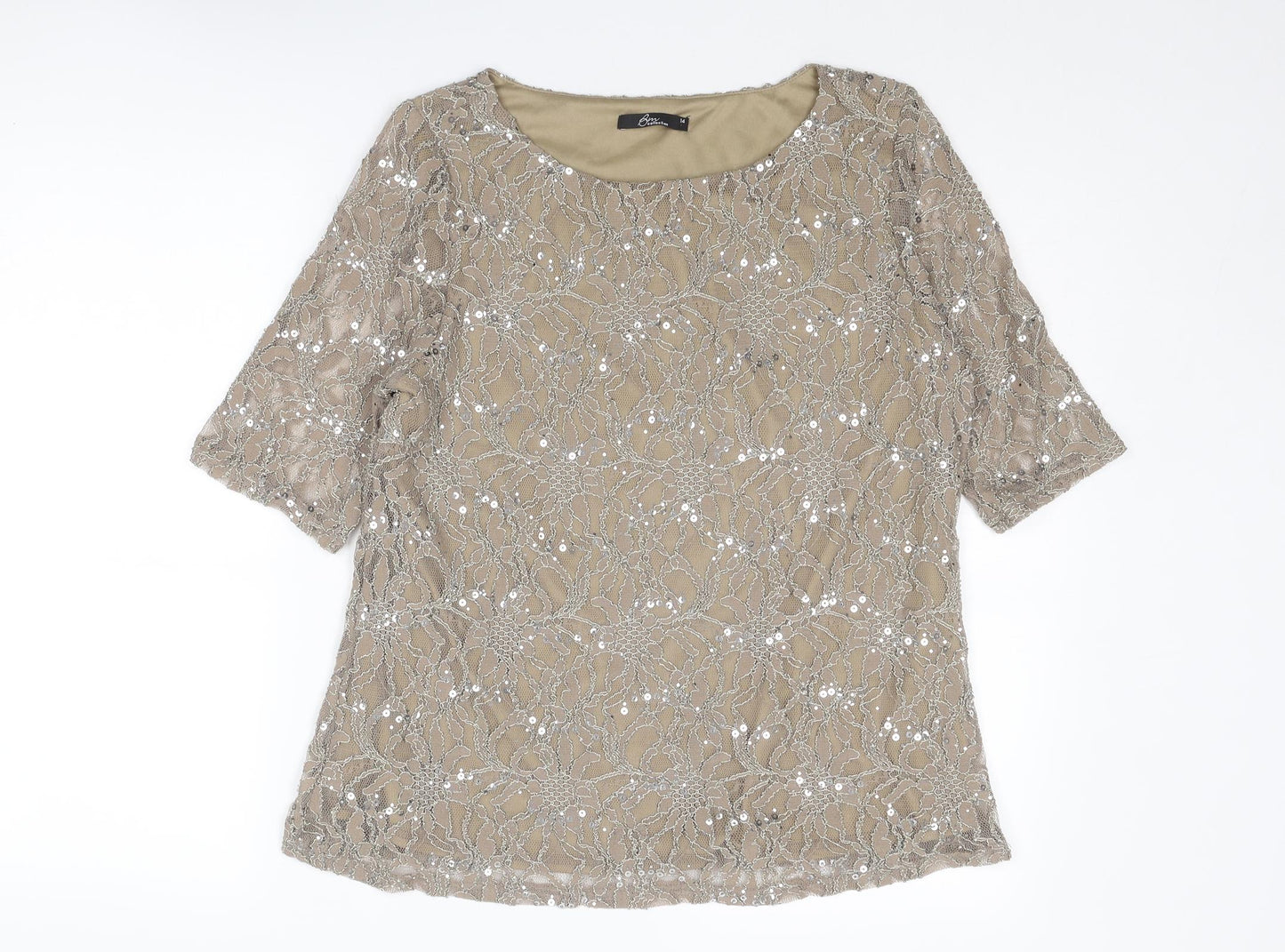 Bonmarché Womens Beige Nylon Basic Blouse Size 14 Boat Neck