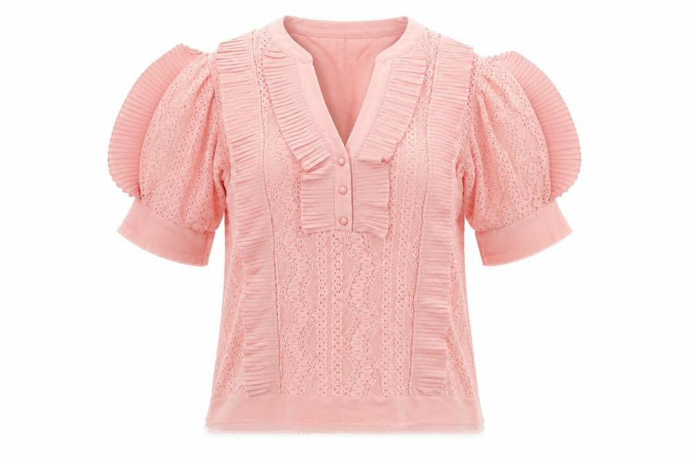 Jaune Rouge Womens Pink Polyester Basic Blouse Size M V-Neck - Lace Detail