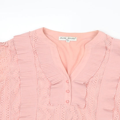 Jaune Rouge Womens Pink Polyester Basic Blouse Size M V-Neck - Lace Detail