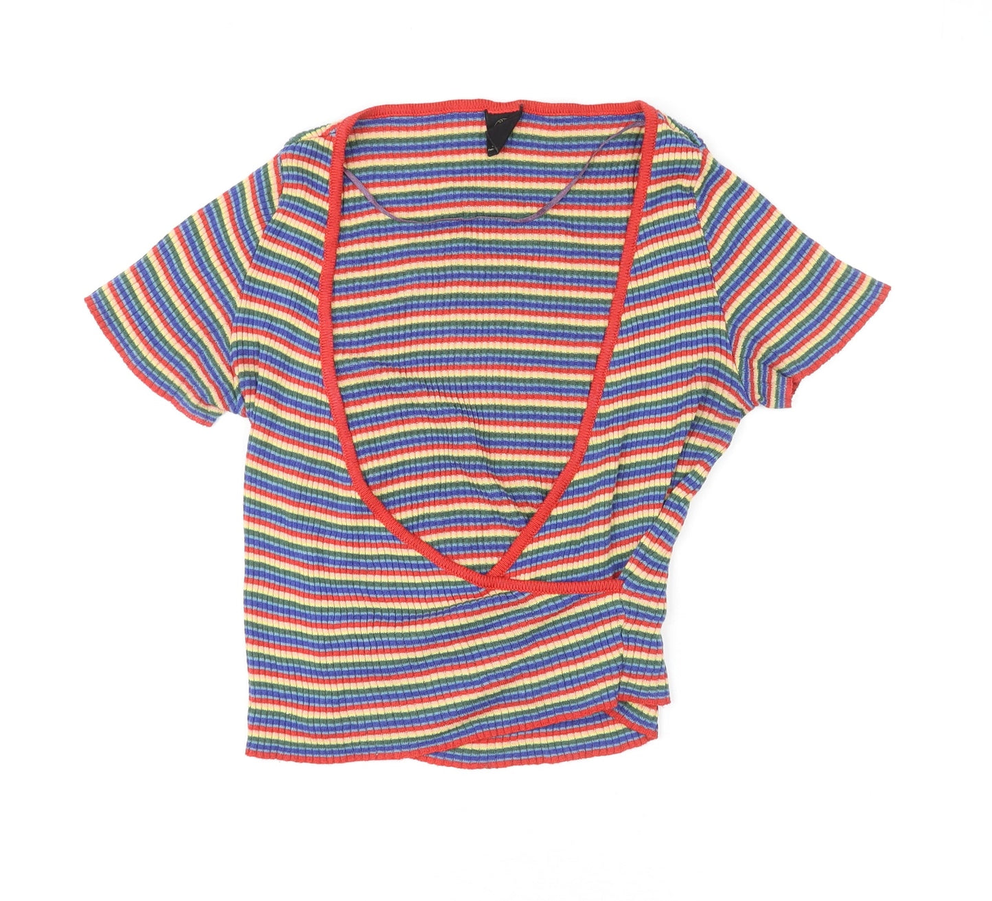 Urban Outfitters Womens Multicoloured Striped Cotton Basic T-Shirt Size S V-Neck - Wrap Front Detail