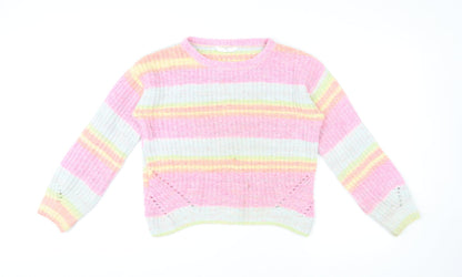 Marks & Spencer Girls Multicoloured Round Neck Striped Polyester Pullover Jumper Size 13-14 Years Pullover