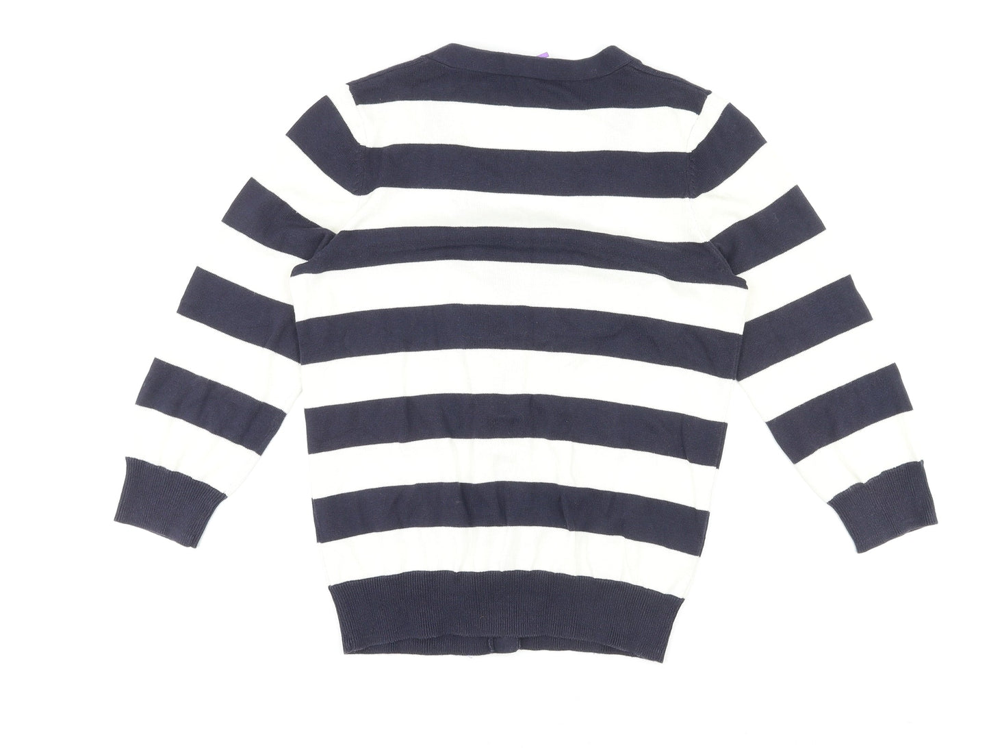 BHS Womens Blue V-Neck Striped 100% Cotton Cardigan Jumper Size 10
