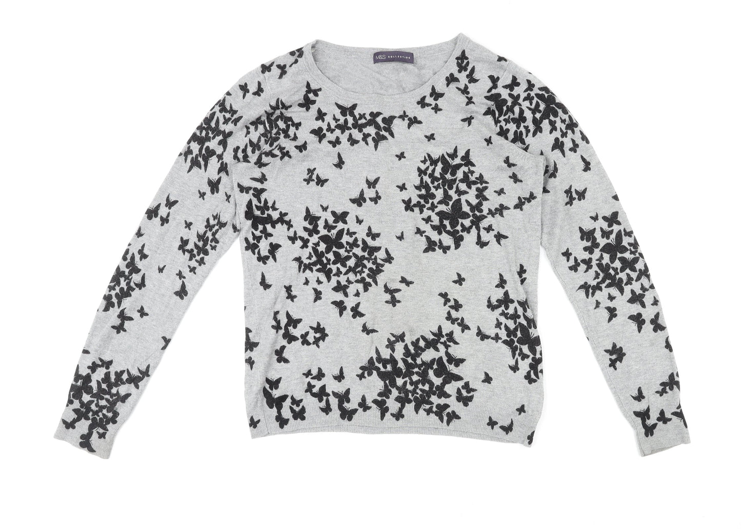 Marks and Spencer Womens Grey Round Neck Geometric Viscose Pullover Jumper Size 12 - Butterfly