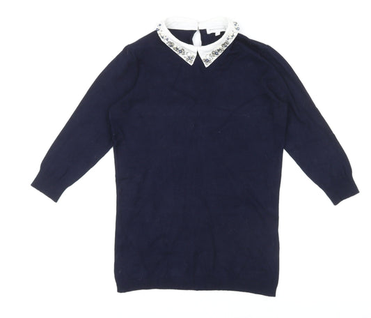 Warehouse Womens Blue Collared Viscose Pullover Jumper Size 8
