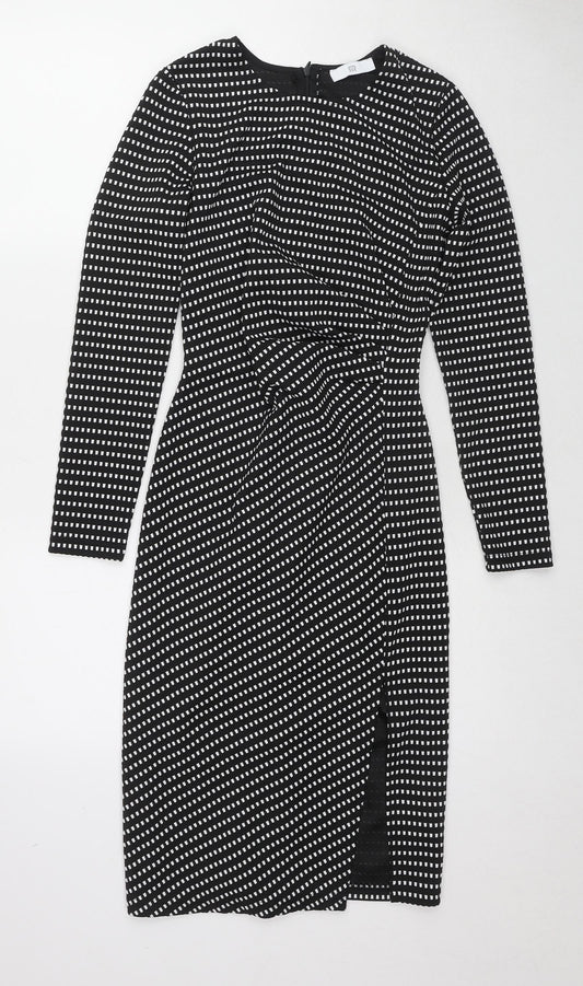 River Island Womens Black Geometric Polyester Pencil Dress Size S Round Neck Zip
