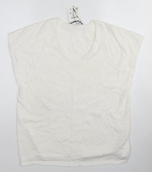 Zara Womens White V-Neck Viscose Pullover Jumper Size M