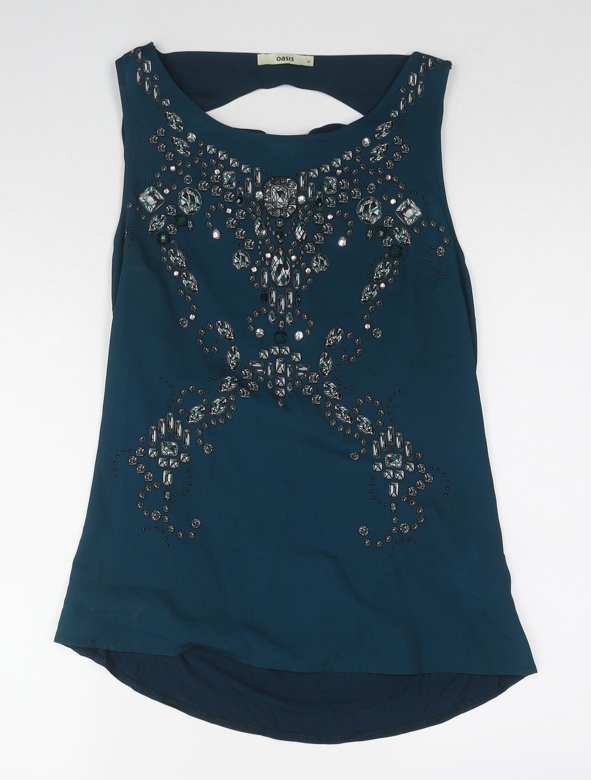 Oasis Womens Blue Viscose Basic Blouse Size M Boat Neck - Embellished