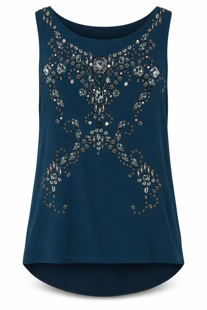Oasis Womens Blue Viscose Basic Blouse Size M Boat Neck - Embellished