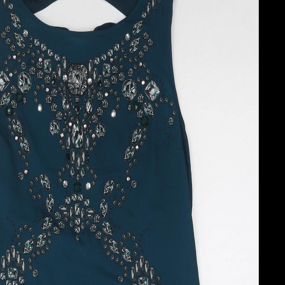 Oasis Womens Blue Viscose Basic Blouse Size M Boat Neck - Embellished