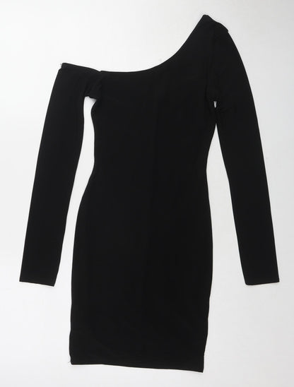 Back view of Missguided women’s black polyester shift, size UK 8, one shoulder pullover - asymmetric neckline