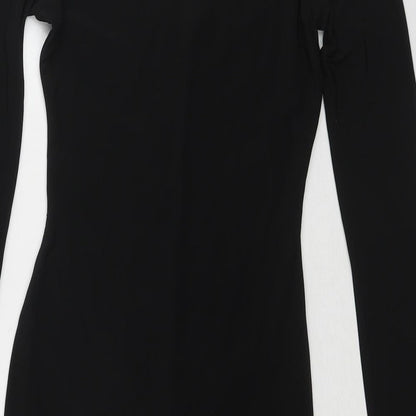 Brand and care label for Missguided women’s black polyester shift, size UK 8, one shoulder pullover - asymmetric neckline
