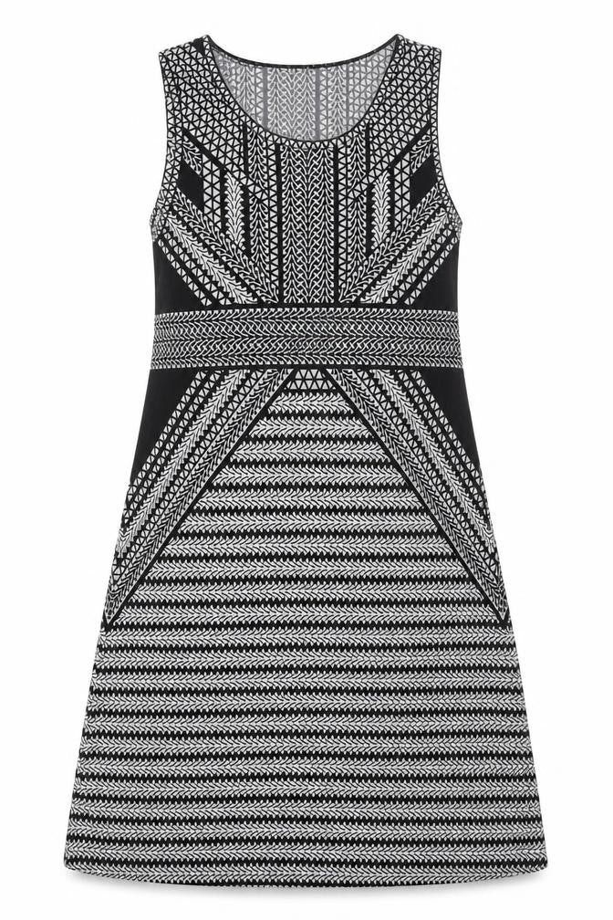 Max Studio Womens Black Geometric Polyester A-Line Size M Round Neck Pullover