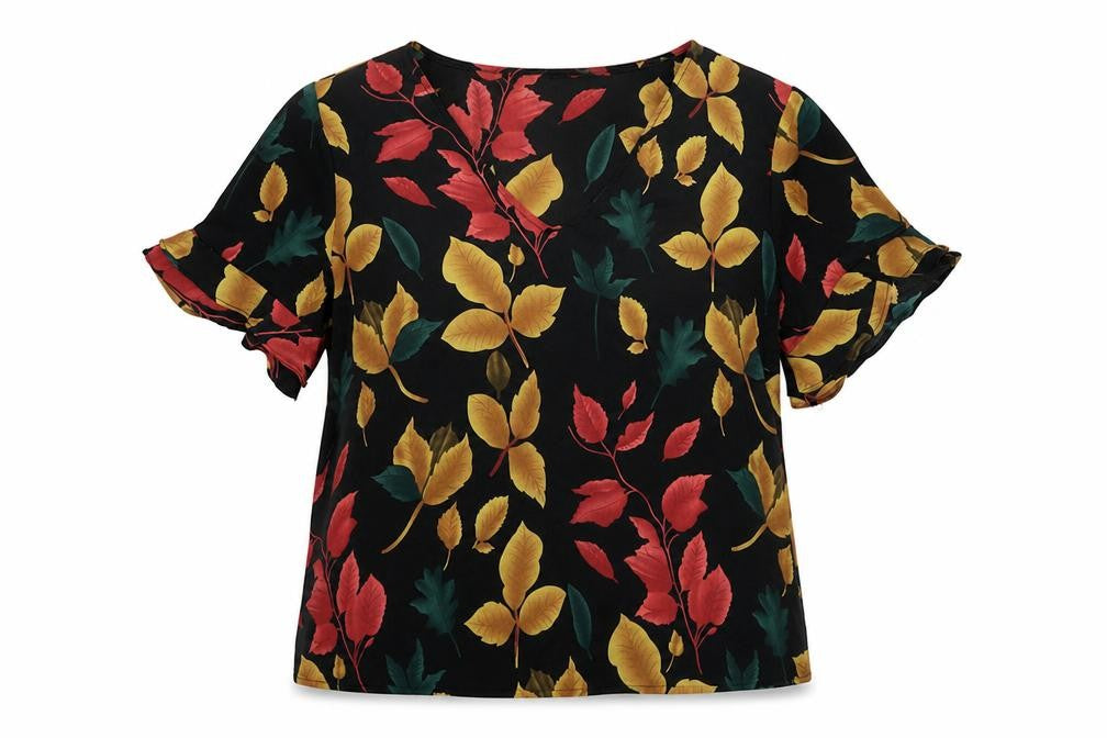 LM Womens Multicoloured Geometric Polyester Basic Blouse Size S V-Neck - Leaves Print