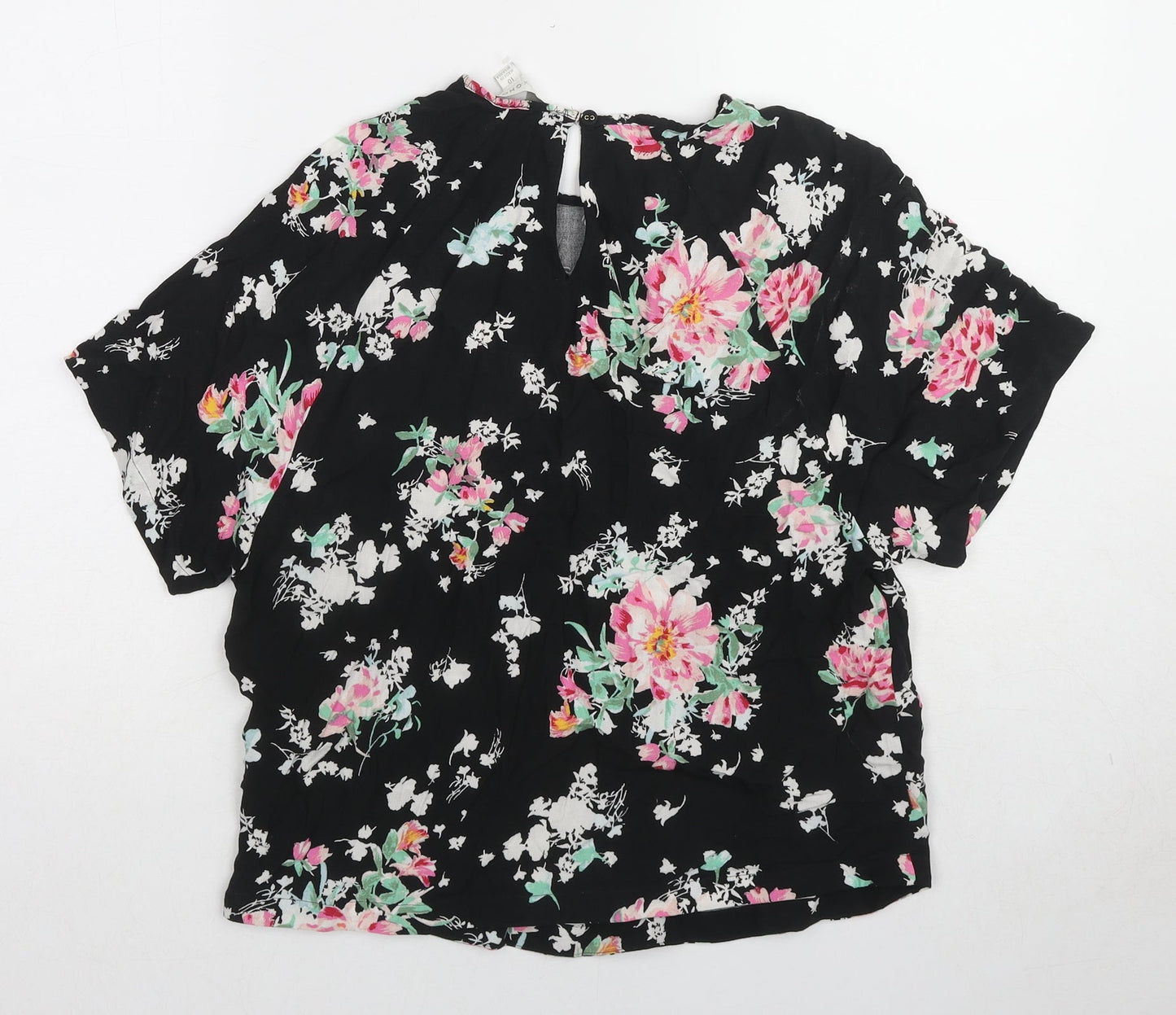Marks and Spencer Womens Black Floral Viscose Basic Blouse Size 10 Round Neck
