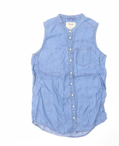 Additional front view of Denim & Co. women’s blue cotton basic button-up, size UK 8, round neck
