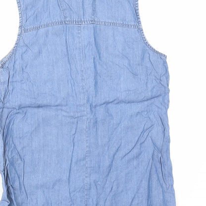Brand and care label for Denim & Co. women’s blue cotton basic button-up, size UK 8, round neck
