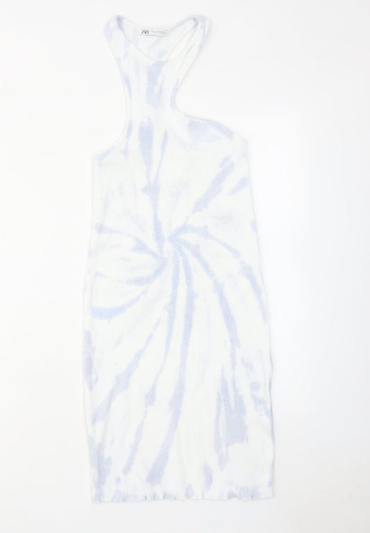 Zara Womens Blue Geometric Cotton Bodycon Size M Round Neck Pullover