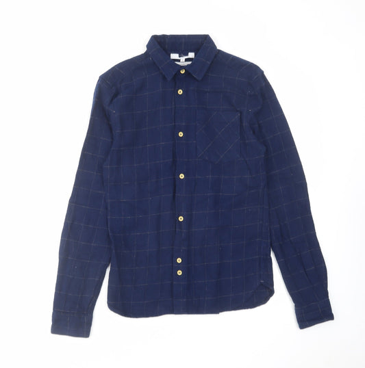Bellfield Mens Blue Check Cotton Button-Up Size S Collared Button