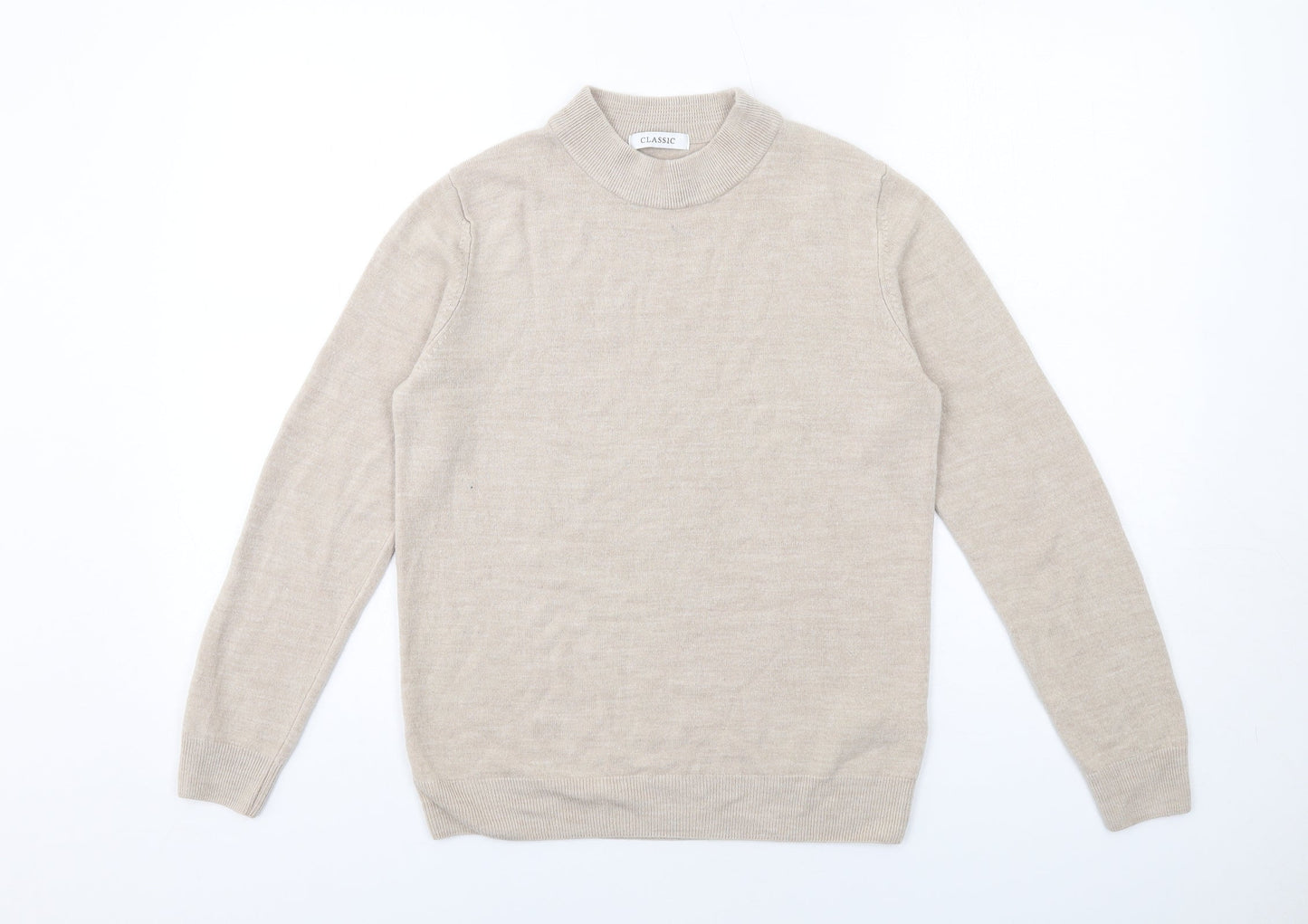 Classic Womens Beige Mock Neck Acrylic Pullover Jumper Size 12