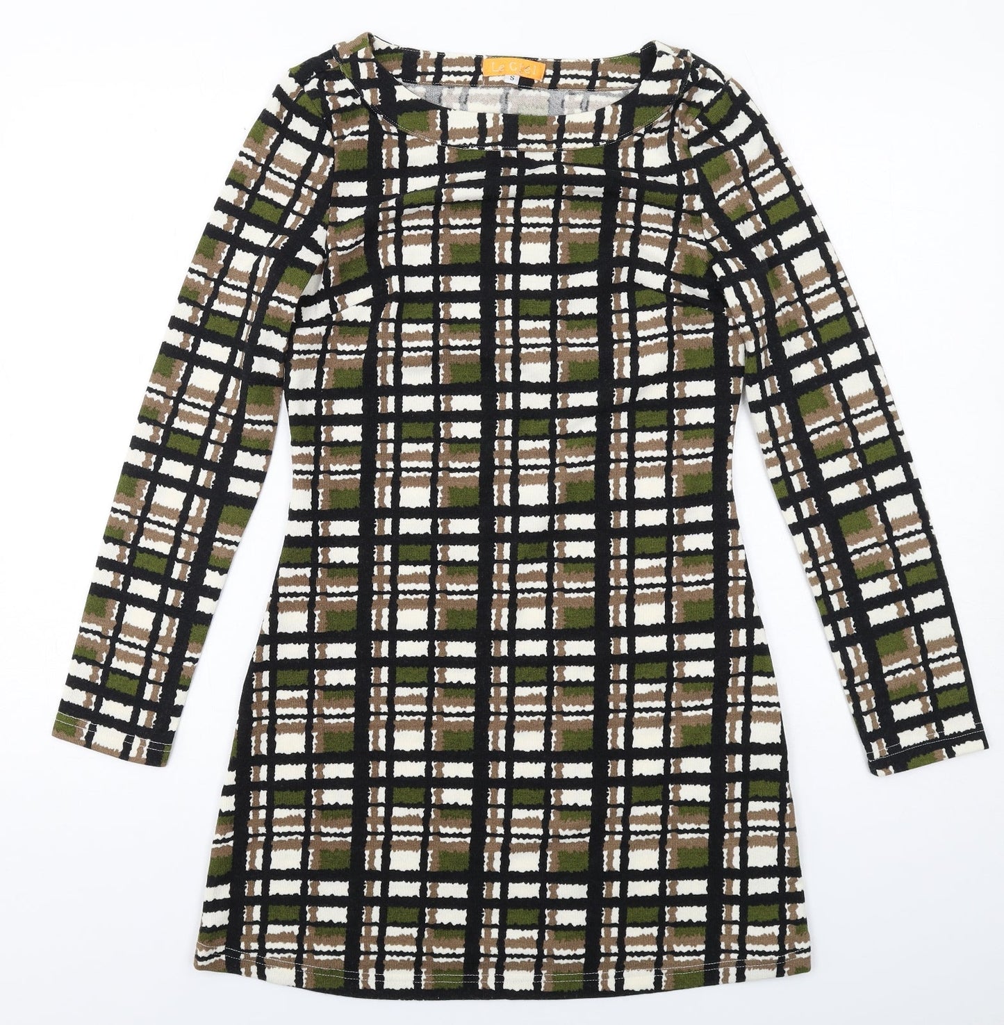 Le Crel Womens Green Geometric Acrylic Mini Size S Boat Neck Pullover
