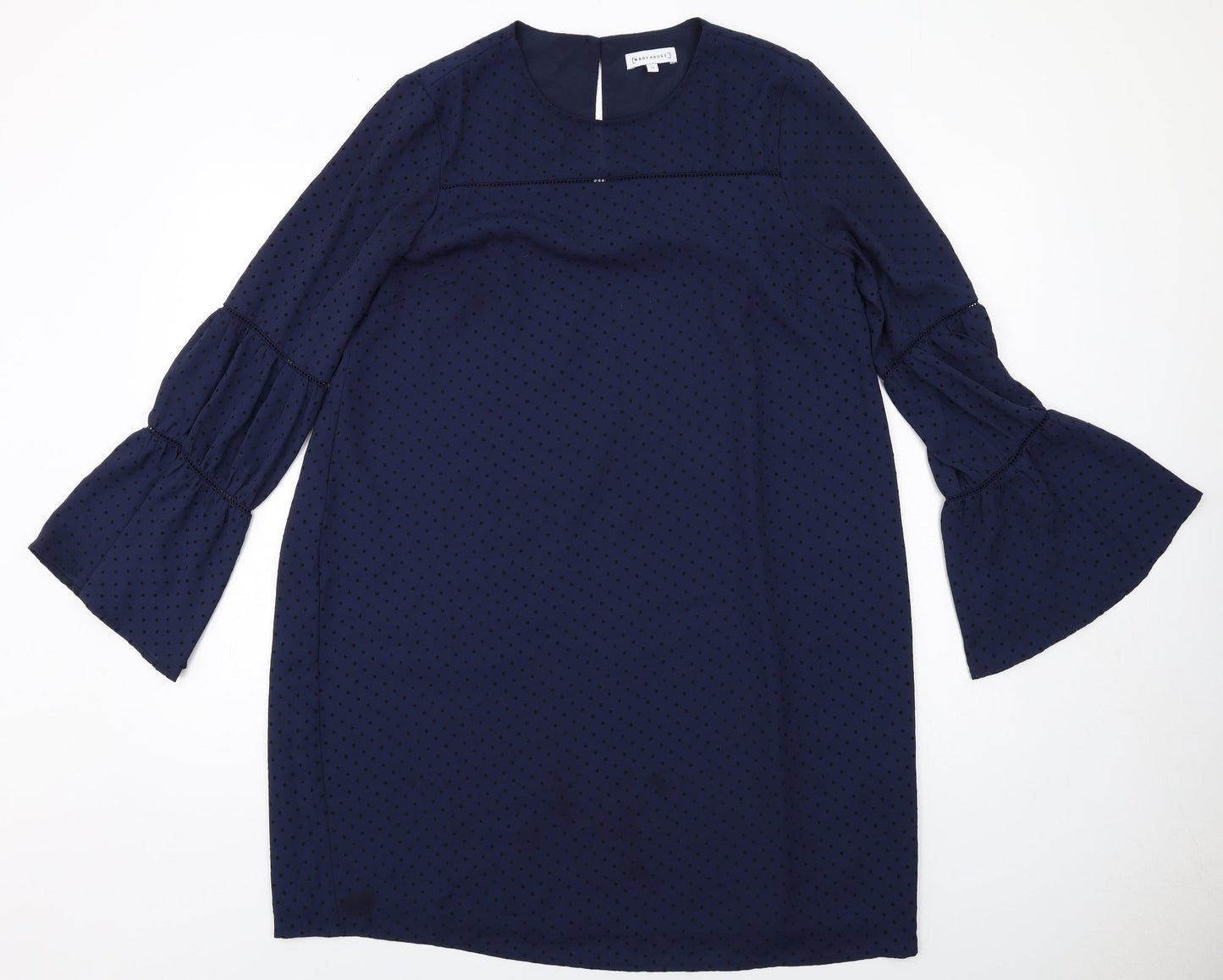 Warehouse Womens Blue Polka Dot Polyester A-Line Size 12 Round Neck Button