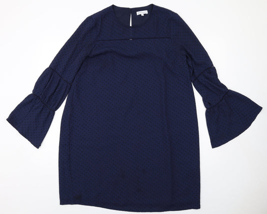 Warehouse Womens Blue Polka Dot Polyester A-Line Size 12 Round Neck Button