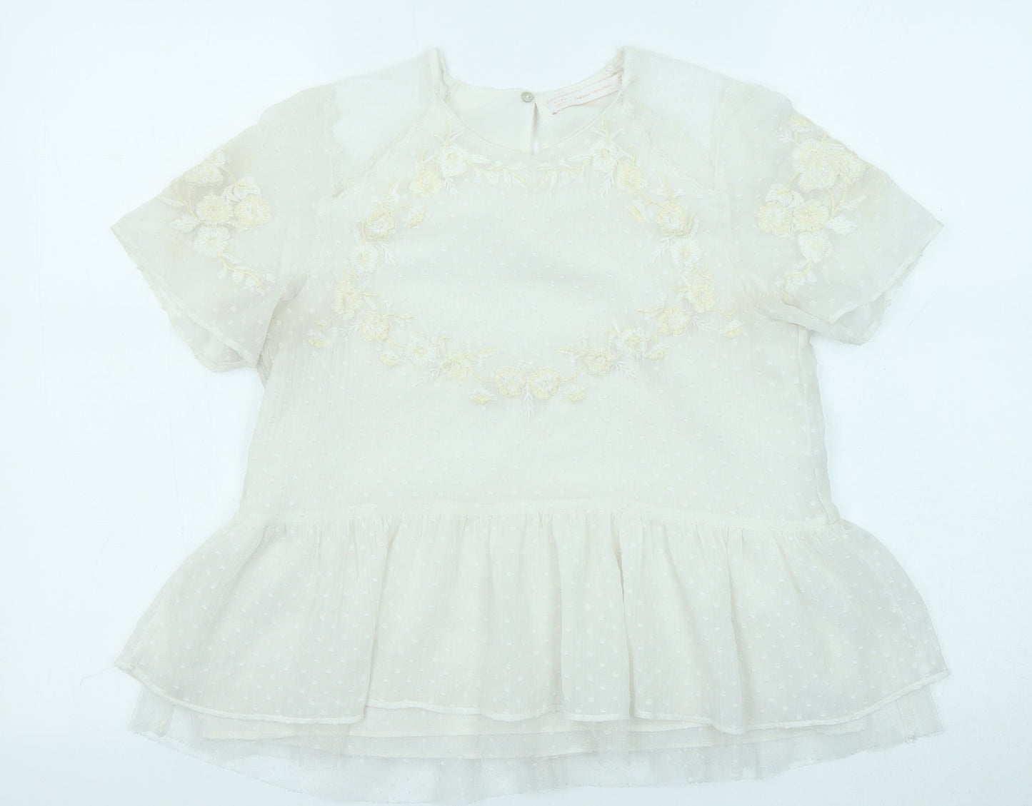 Zara Womens Ivory Floral Viscose Basic Blouse Size S Round Neck - Peplum