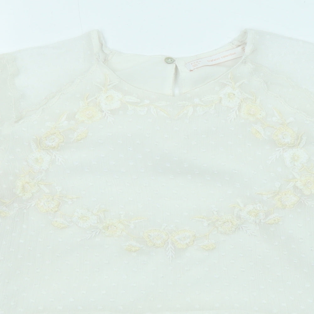 Zara Womens Ivory Floral Viscose Basic Blouse Size S Round Neck - Peplum
