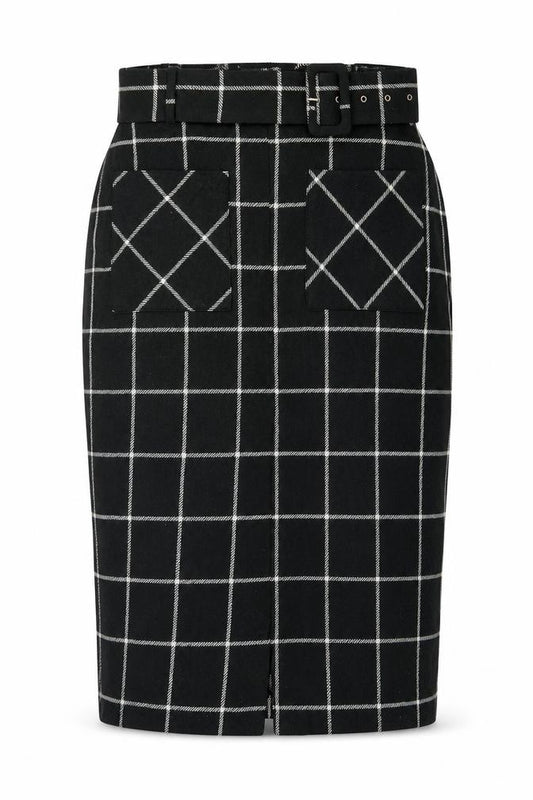 Zara Womens Black Check Cotton Straight & Pencil Skirt Size L Zip - Belt included