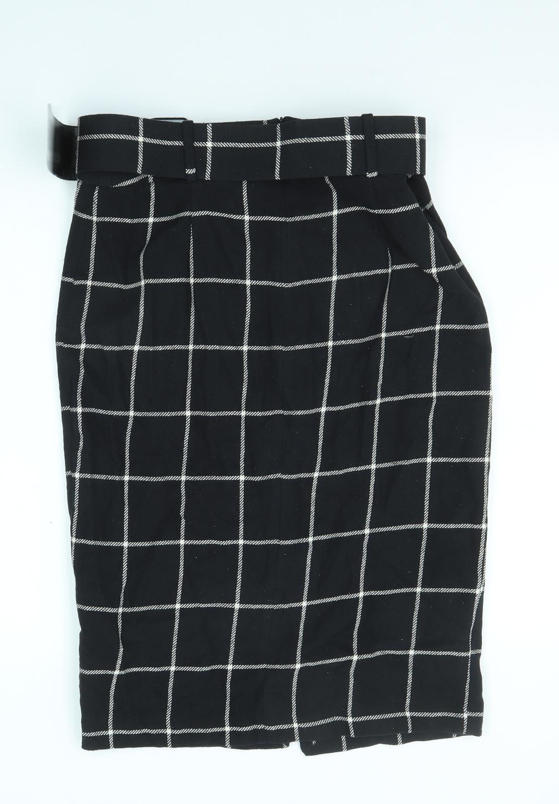 Zara Womens Black Check Cotton Straight & Pencil Skirt Size L Zip - Belt included