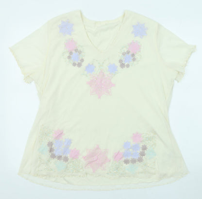 Classics Womens Beige Floral Polyester Basic T-Shirt Size 20 V-Neck